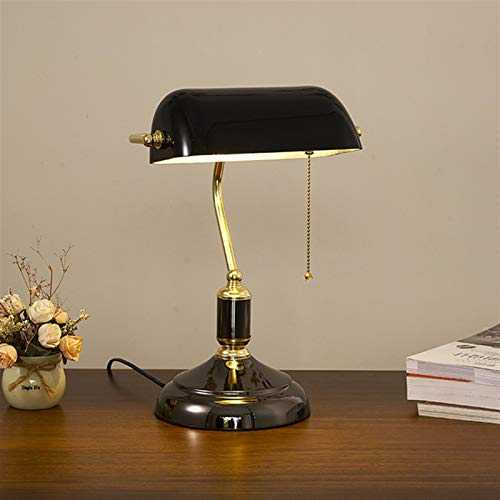 Icegrey Traditional Bankers Desk Lamp Brass Base Vintage Reading Lamp Antique Style Table Lamp with Pull Chain Switch Plug for Office Library Study Room, 0077A Black Gold, 9.05"x14.96"(WxH)