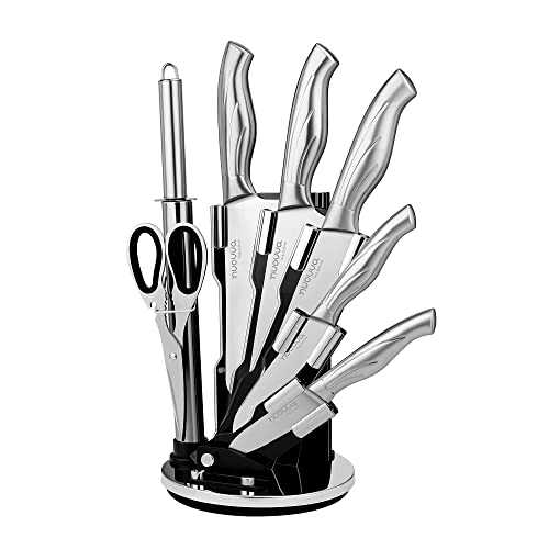 Kitchen Knife Set with Rotating Block - Stainless Steel Knife Set - 360 Degree Rotating Stand - by Nuovva