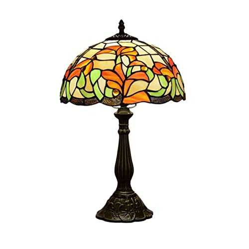 Nuepwins Tiffany Style Table Lamp, Orange White Green Antique Style Morning Glory Stained Glass Desk Light, 18'' Tall Brass Finish Metal Base Victoria Nightlight for Living Room