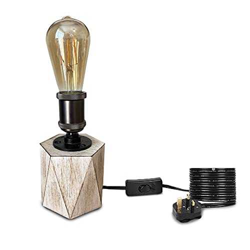 Livuna Industrial Vintage Solid Wood Table lamp, Steampunk Iron Pipe and Geometric Modern Brass Edison Dark Rustic Retro Style for Bedroom Home Bedside Desk Office, (E27 LED Bulb Included) (White)