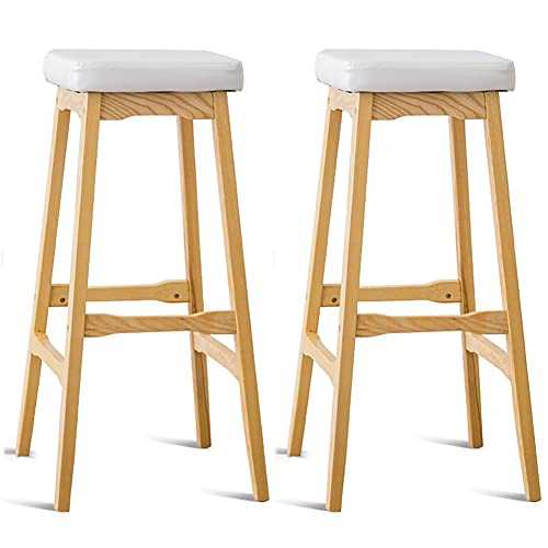qddan Set Of 2 Bar Stools Solid Wood Breakfast Chair High Stool Easy To Assemble, Kitchen And Home Breakfast Dining Stools (Color : White, Stool legs : Natural stool legs)