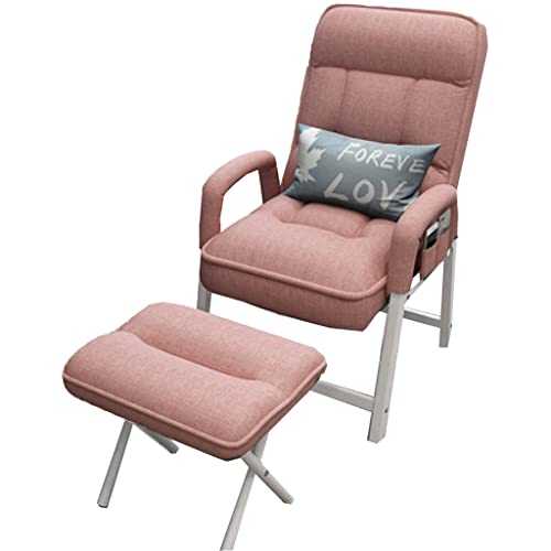 HSIKUML Small Armchair Folding Lazy Chair with Cushion and Ottoman, 5-speed Backrest Adjustment Recliner Chair for Living Room, Bedroom, Office Comfort W/stool Footrest and Headrest (Color : Pink)