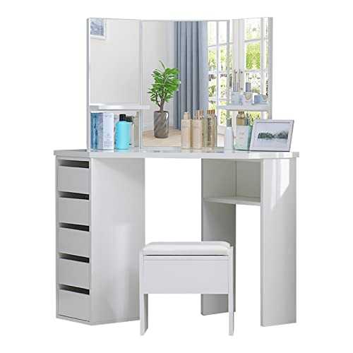 OFCASA White Dressing Table with Mirror and Stool 3 Mirrors 5 Drawers Corner Curved Vanity Dressing Table for Bedroom 114 x 61 x 140cm