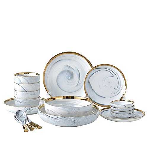 Ceramic Dishes Set, 20-piece Set Of Nordic Phnom Penh Marble Set Ceramic Tableware Household Rice Bowl Soup Bowl Plate Dinner Plate Bowl For Home Porcelain for Everyday Use