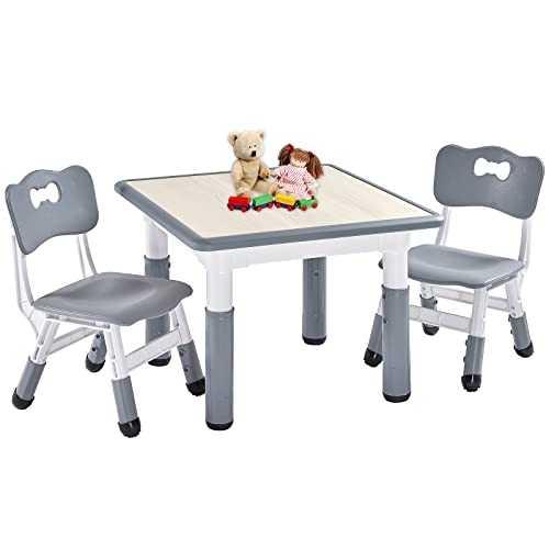 FUNLIO Kids Table and 2 Chairs Set, Height Adjustable Toddler Table and Chair Set for Ages 3-8, Easy to Wipe Arts & Crafts Table, for Classrooms/Daycares/Homes, CPC & CE Approved (3pcs Set) - Gray