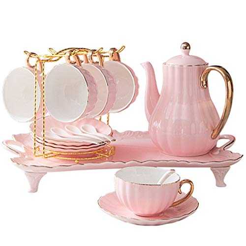 Ceramic Coffee Cup Set European Porcelain Tea Set With Exquisite Golden Rim Teapot Tray And Tea Mugs Saucer Set Of 6, For Afternoon Tea Coffee Party (Color : Pink)