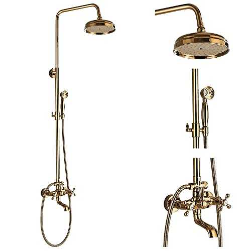 Votamuta Gold Finish Bathroom 8-inch Rainfall Shower Faucet Set Wall Mounted Bathtub Shower Mixer Tap with Hand Sprayer