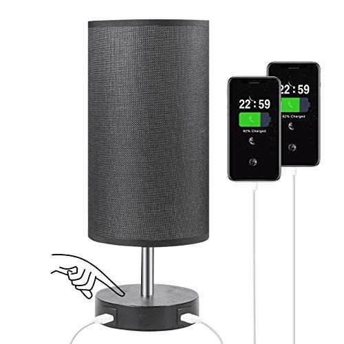 Touch Control Bedside Lamp with 2 USB Charging Ports, Aooshine Fully Stepless Dimmable Touch Lamp with Black Fabric Shade, Modern Table Lamp Bedroom Lamp for Living Room