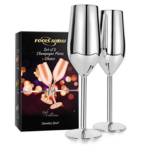 Stainless Steel Champagne Flutes Glass Set of 2, 200ML Unbreakable BPA Free Champagne Wine Glasses for Wedding, Parties and Anniversary 3 Colors (Sliver)