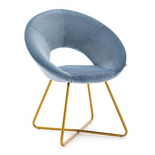 HNNHOME® Porto Soft Velvet Upholstered Kitchen Dining Chair Home Living room Lounge Armchair Leisure in Gold coloured Legs (Light Blue)