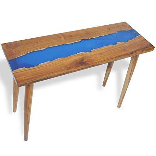 SHENGFENG Console Table, Brown and Blue, Side Table, Living Room, Teak with Resin and Glass Inlay, 100 x 35 x 75 cm