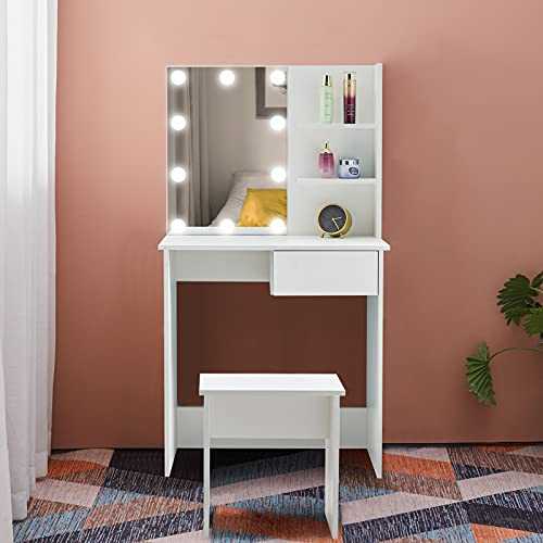 OFCASA White Dressing Table with Mirror and Lights Girls Vanity Makeup Desk with Drawer and Stool for Bedroom Dressing Room