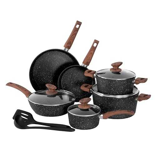 DishDelight 12 Piece Non-Stick Pots and Pans Set, Nonstick Induction Granite-Coated Cookware Set, Nonstick Saucepan Set, Black