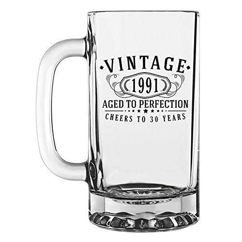 Vintage 1991 Printed 16oz Glass Beer Mug | 30th Birthday Aged to Perfection | 30 years old gifts