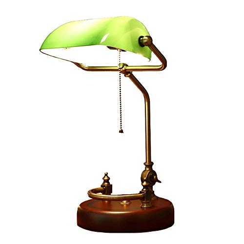 Table Lamp, American Style Simple Style Design, Administrative Banker'S Lamp,Green Glass Shadow Antique Brass LED Bedside Desk Lamp With Solid Wood Base For Baby Room, Kids Room, Living Room