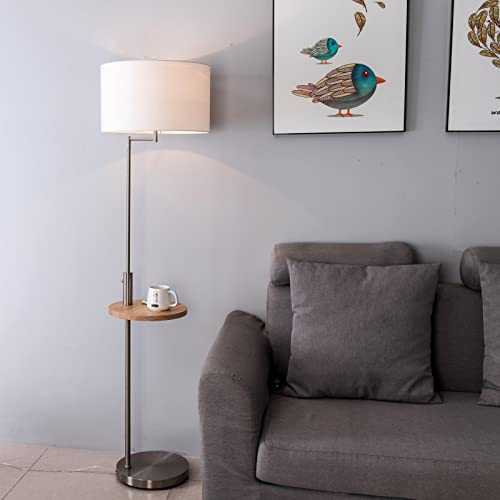 Modern Standing Floor Lamp and Built-in Tray-Table with E27 Bulb Base On/Off Switch and USB Charging Port, Satin Nickel Finish with White Fabric Drum Shade