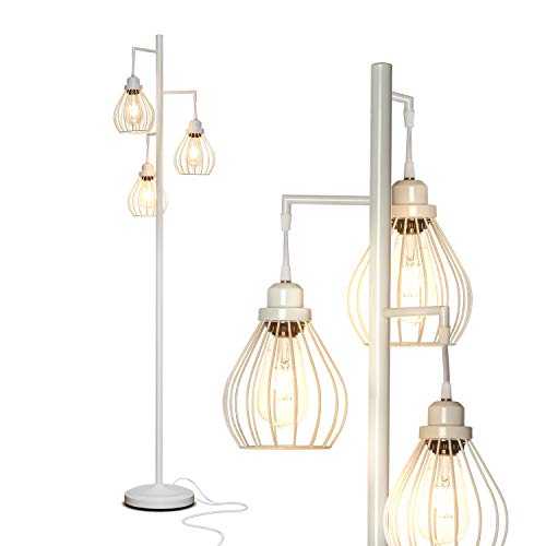 Brightech Teardrop - Floor Lamp Matches Industrial, Farmhouse & Rustic Living Rooms – Standing Tree Lamp with 3 Elegant Cage Heads & Edison LED Bulbs - Tall Vintage Pole Light - Alpine White