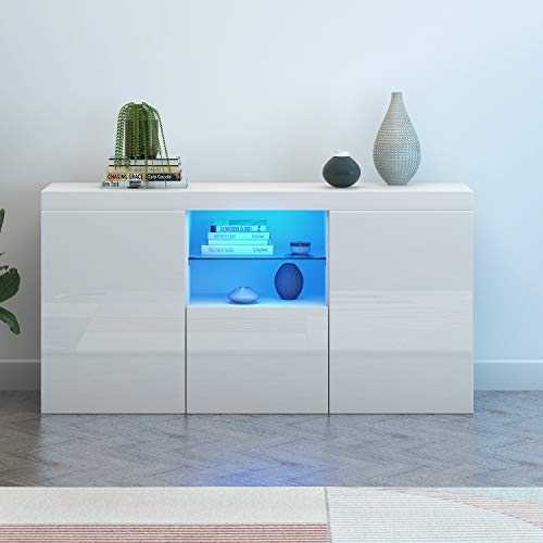 Panana Sideboard Storage Cupboard High Gloss Front Cabinet RGB Multicolor LED Lighting with 3 Doors and Shelves White