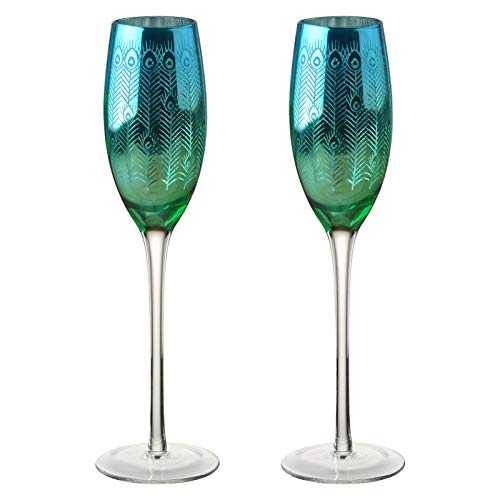 Artland - Peacock Champagne Flutes - Blue/Green & Silver | Set of 2 | 200ml Capacity Per Glass | An Engagement Gift or Wedding Present