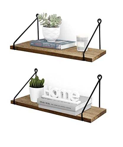 Afuly Rustic Floating Shelves Wooden for Wall Mounted with Metal Brackets Wood Storage Shelf for Bathroom Kitchen Bedroom Living Room Office Decorative Home Accessories, Set of 2
