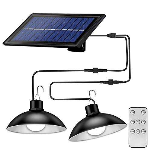 Solar Pendant Lights Outdoor Indoor,Dimmable 30 LEDs Dual Head Solar Shed Light with 9.84FT Cord, Remote Controller, IP65 Solar Lights for Garden Courtyard Barn Balcony Corridor(White Light)