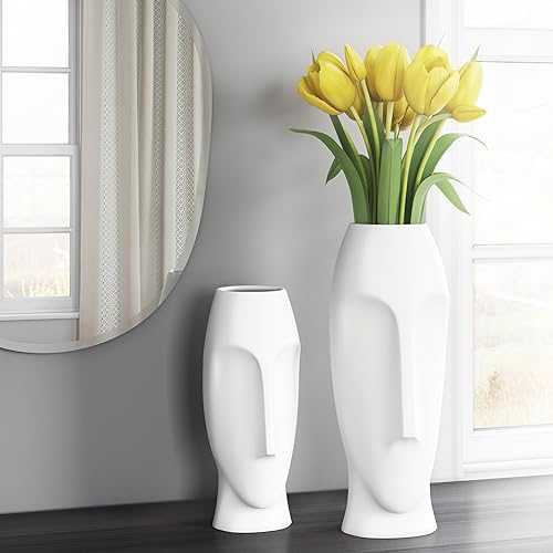 Howard Elliott Matte White Abstract Faces Ceramic Floor Vase Set, 2 Piece (Tall and Small), Decoration for Home, Office, Living Room, Hallway, Entryway or Any Room, for Wedding