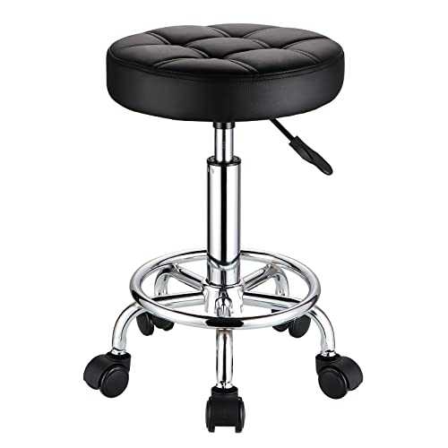 HMTOT Round Rolling Stools PU Leather Seat Height Adjustable Swivel Stool with Wheels Black