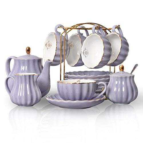 Sweejar Home Porcelain Tea Set Royal Family 225 ml Cups and Saucers for Wedding Ceramic Porcelain Tea Cup Set (Purple)