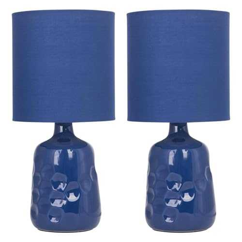 Set of 2 Dimple - Navy Blue Ceramic 29cm Table Lamp/Bedside Lights with Matching Shades