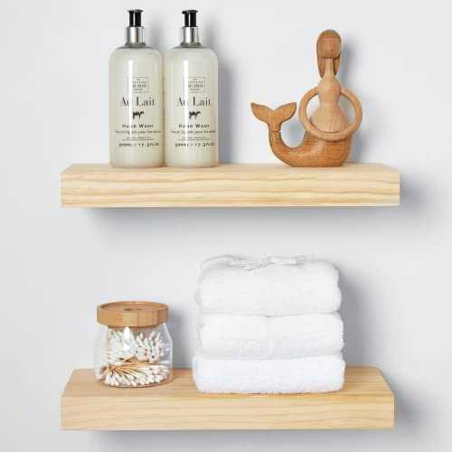 Homeforia Rustic Farmhouse Floating Shelves, Bathroom Wooden Shelves for Wall Mounted, Thick Industrial Kitchen Wood Shelf - 16 x 6.5 x 1.75 inch - Set of 2 - Unfinished - No Stain - DIY