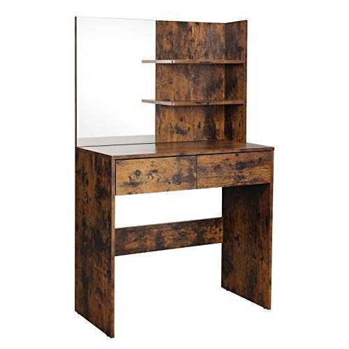 VASAGLE Modern Dressing Table with 2 Drawers, Rectangular Makeup Table with Mirror, Open Shelves and Rounded Corners, for Bedroom, Rustic Brown RDT116X01