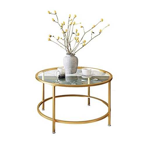 Table Modern Round Tempered Glass Accent Side Coffee For Living Room Dining Room Tea Home Décor With Metal Frame,80x45cm(Color:Gold)