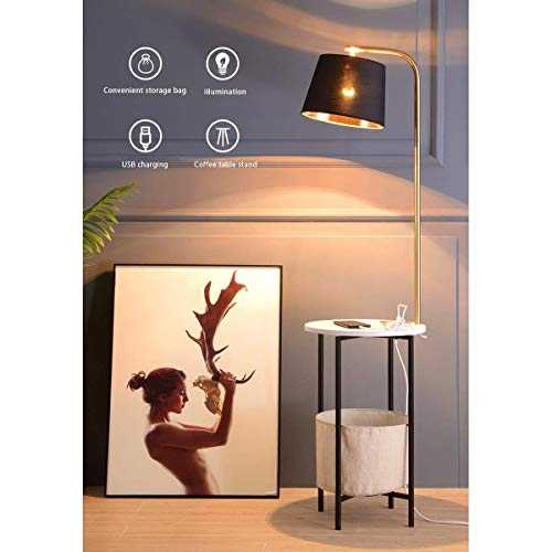 WREEE Modern Nightstand LED Floor Lamp, Combination End Table Floor Light with USB Port Attached and Wireless Charging, Living Room Sofa Office Bedside Table Lamp (Color : Black)