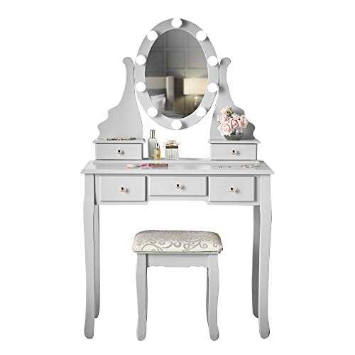 Ruby Rozanna Luxury Grey Dressing Table with Hollywood Bulbs LED Lights Vanity Mirror & 5 Drawers Stool Set For Bedroom Makeup Jewellery Storage