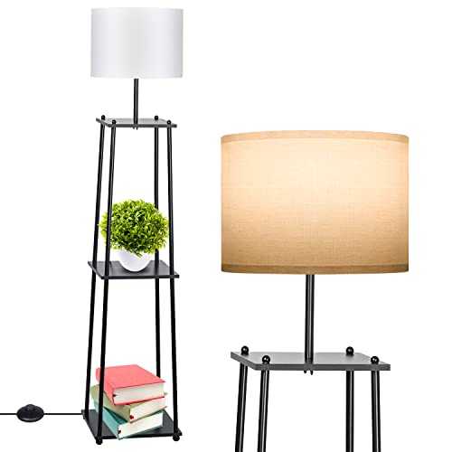 Aomeya Floor Lamp with Shelves, 2 Layers Wooden Shelf Standing Light, Modern Reading Lamp for Bedroom, Living Room, Office, Home Decoration,9W LED Bulb Included