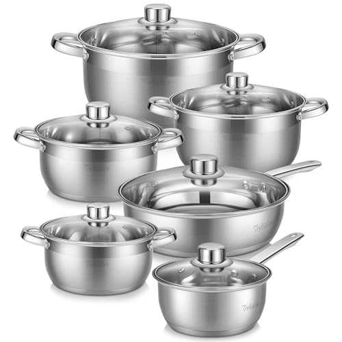 Velaze Cookware Set, Series Motti, 12-Piece Stainless Steel Pot & Pan Sets, Induction Safe, Saucepan, Casserole, Casserole, pan with Glass lid (Set of 12)