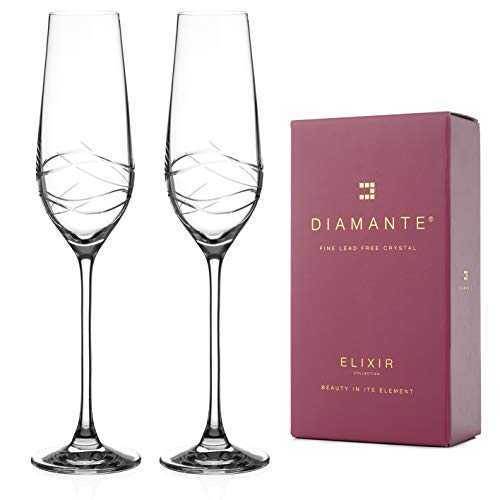DIAMANTE Champagne Flutes Crystal Prosecco Glasses – ‘Venice’ Collection Hand Cut Crystal – Set of 2