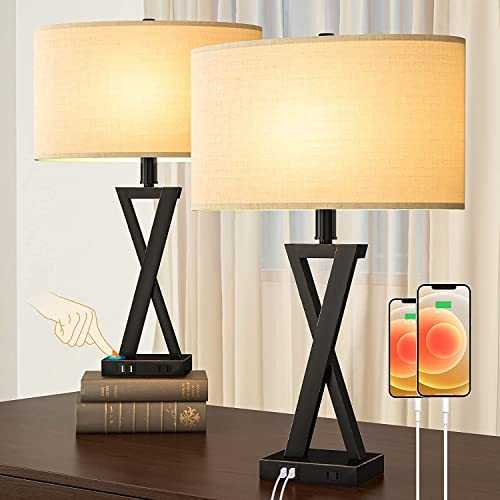 A Set of 2 Pieces of Touch Control 3 Way dimmable Table lamp Modern Bedside lamp with 2 USB Ports Bedside Table lamp with Fabric Shade