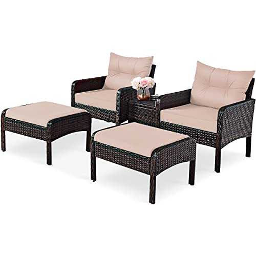 CASART. 5PCS Rattan Sofa Chair Set, Outdoor Garden Patio Balcony Wicker Weave Furniture Table Chairs Ottomans Set (Brown + Khaki)