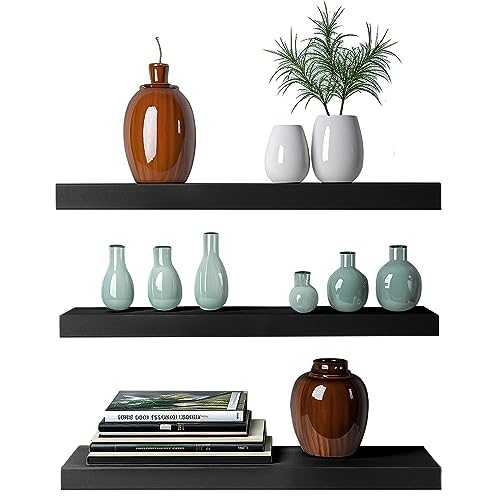 Nimman Black Floating Wall Mount Shelves Pack of 3(41cm) - High Gloss Finish Shelves for Wall - Floating Wall Shelve with Invisible Brackets - Wall Mounted Shelves for Bedroom, Living Room, Bathroom,