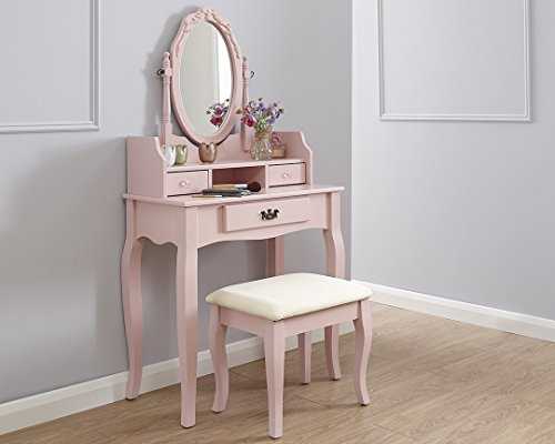 Home Source - Vintage Style Dusty Pink Dressing Table Padded Stool Oval Mirror Drawers 3pc Set