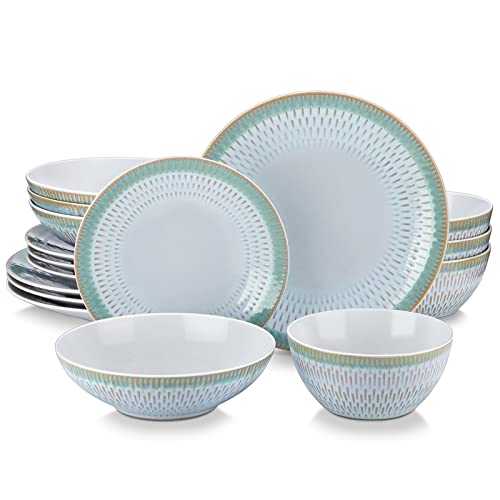 vancasso PLUVO Embossed Dinner Sets, Stoneware Vintage Look Green Dinnerware Tableware, 16 Pieces Dinner Service Set for 4, Include Dinner Plate, Dessert Plate, Pasta Bowl and Cereal Bowl