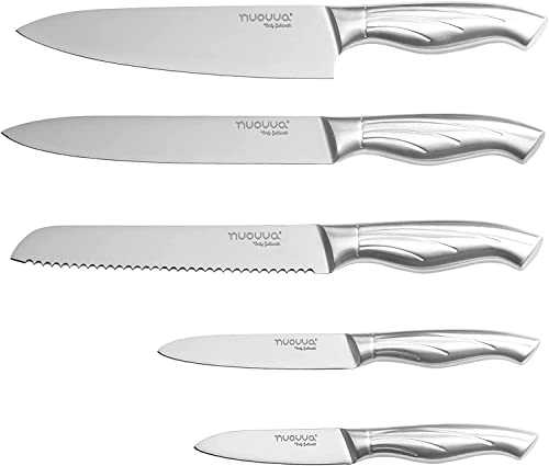 Sharp Kitchen Knife Set - Professional Kitchen Knives - 5 Pieces Stainless Steel Blades with Gift Box - Includes Chefs, Bread, Carving, Utility and Paring Knife - by Nuovva