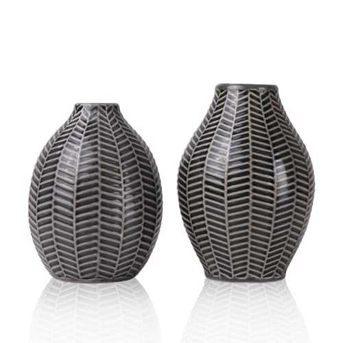 TERESA'S COLLECTIONS Vase for Flowers, Set of 2 Scandi Small Black Grey Vases for Gifts, Decorative Pottery Ceramic Vase for Home Decoration Living Room Bedroom, 14cm/15cm