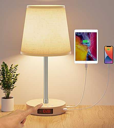 Bedside Lamps,Aiscool Touch Table Lamp with Clock and Adjustable Stand, Stepless Dimmable LED Nightstand Lamp with USB Type C Ports,Night Lights with Wood Base for Living Room Bedroom