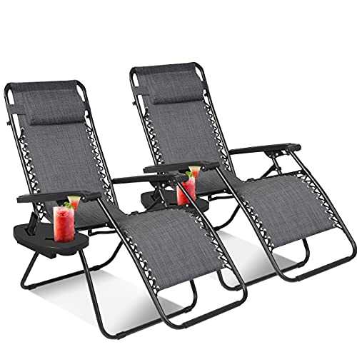 KEPLIN Set of 2 Heavy Duty Textoline Zero Gravity Chairs | Garden Outdoor Patio Sun Loungers | Folding Reclining Chairs (Grey)