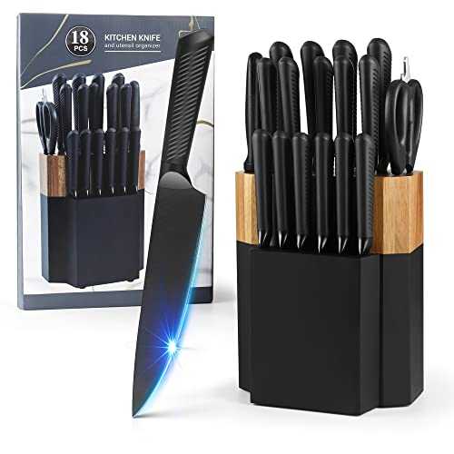 Knife Set with Block, 18 PCS Kitchen Knives Set, Germany high-Carbon Stainless Steel Knife, Chef Knife, Steak Knives, Manual Sharpening & Scissors, Professional Knife Set with Non-Slip Frosted Handle