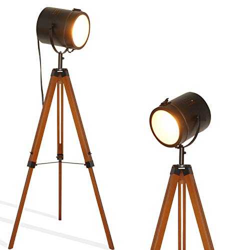 retro home Industrial Vintage Tripod Floor Table Lamp - Modern Adjustable Height Wooden Nautical Cinema Searchlight - Spotlight Standing Reading Light for Living Room Bedroom Office Decoration