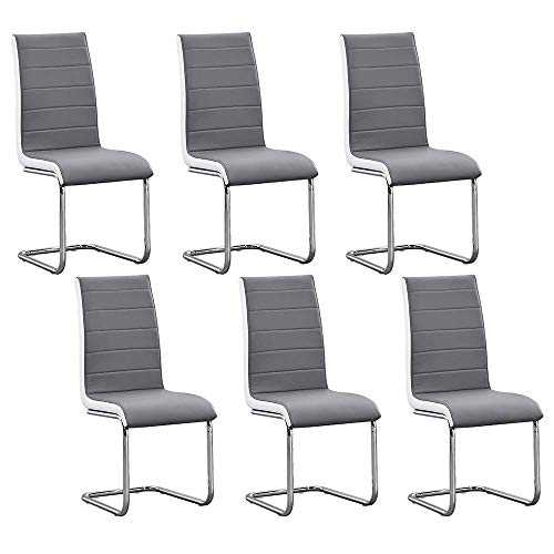 Huiseneu Set of 6 Grey Faux Leather Dining Chairs Set Kitchen Chair High Back Upholstered Padded Chrome Legs Chairs (Dining Chair Only: Grey×6)