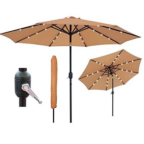 GlamHaus Garden Parasol Tilting Table Umbrella with Crank Handle, Protection UV 40+ Solar LED Lights 2.7m, Additional Parasol Protection Cover, Gardens and Patios - Robust Steel (Sand)